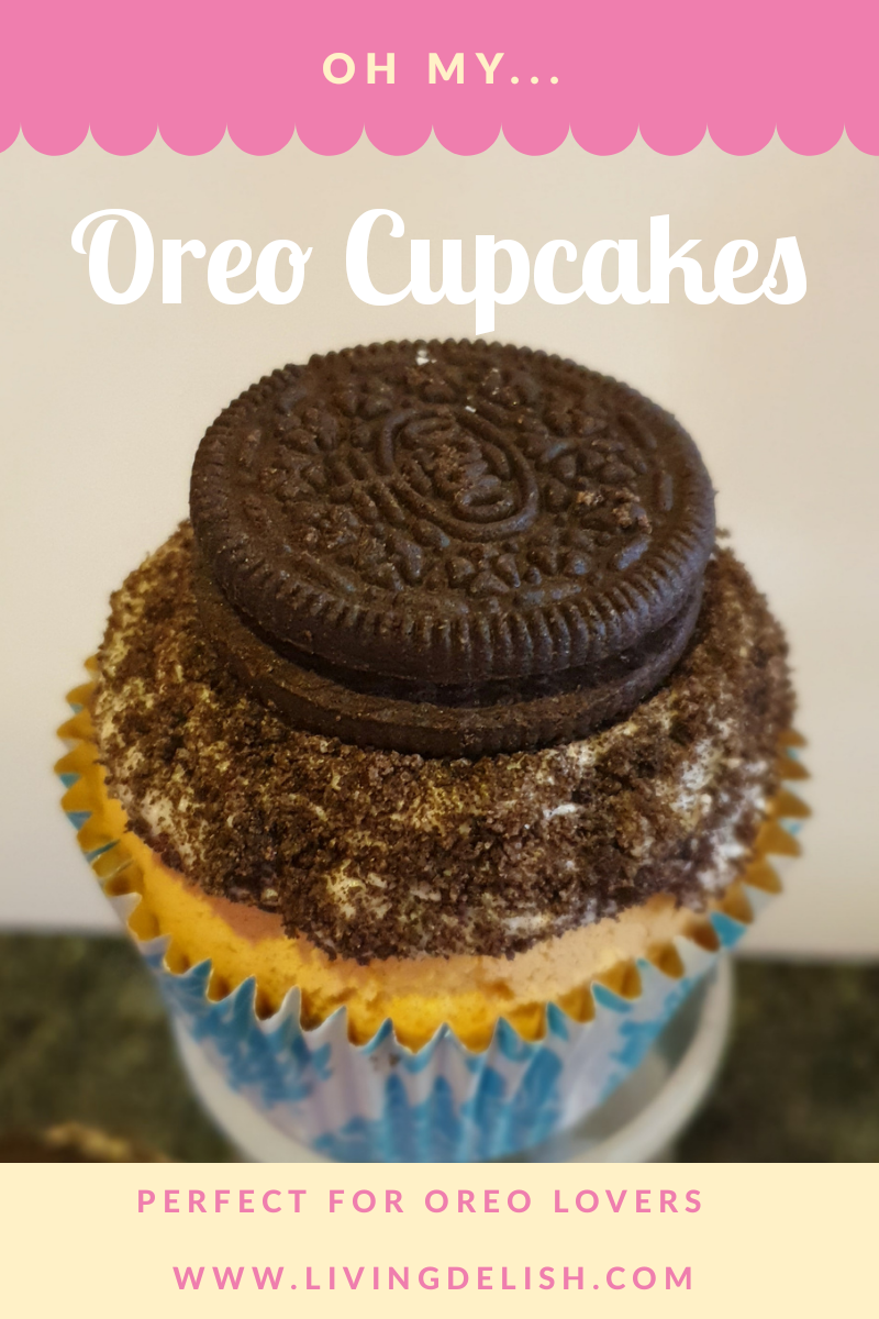 A soft vanilla cupcake topped with oreo frosting and an oreo cookie to round it of with.